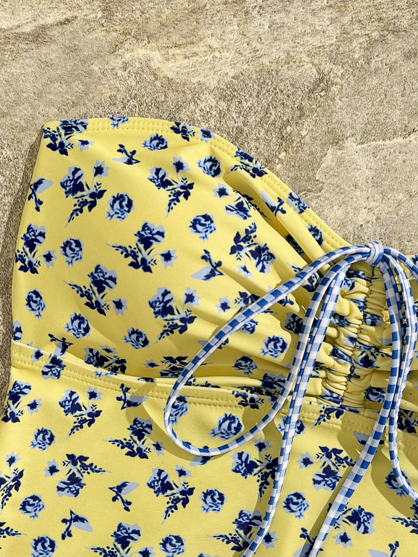Swim Vcay 2pcs/Set Yellow Summer Boho Holiday Pool Party New Floral Bikini Set,Sweet Cherry Plaid Bottom Swimwear,Holiday Flower Hibiscus Bathing Suit