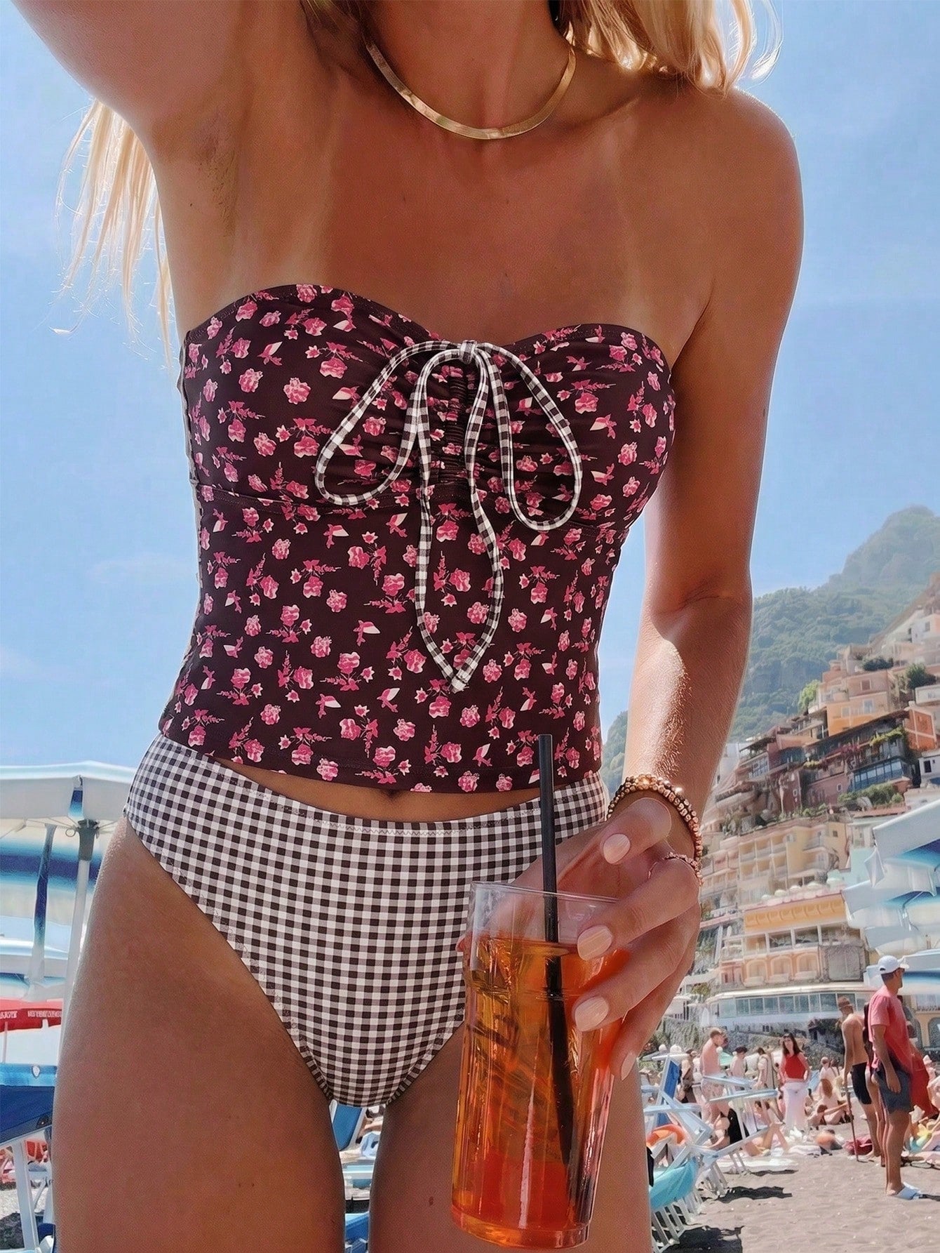Swim Vcay 2pcs/Set Yellow Summer Boho Holiday Pool Party New Floral Bikini Set,Sweet Cherry Plaid Bottom Swimwear,Holiday Flower Hibiscus Bathing Suit