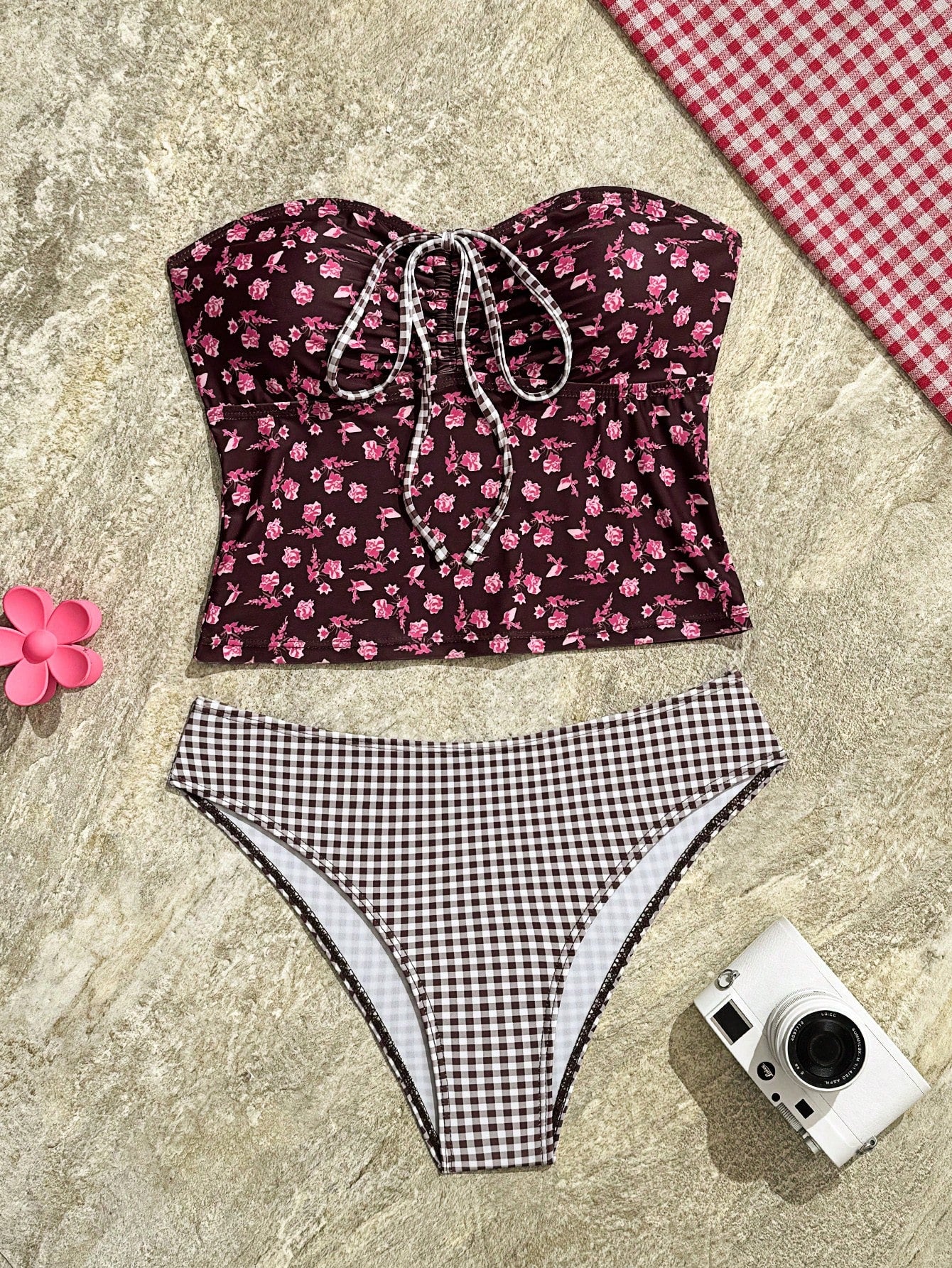 Swim Vcay 2pcs/Set Yellow Summer Boho Holiday Pool Party New Floral Bikini Set,Sweet Cherry Plaid Bottom Swimwear,Holiday Flower Hibiscus Bathing Suit