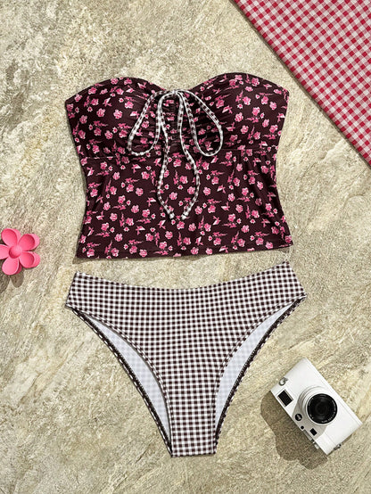 Swim Vcay 2pcs/Set Yellow Summer Boho Holiday Pool Party New Floral Bikini Set,Sweet Cherry Plaid Bottom Swimwear,Holiday Flower Hibiscus Bathing Suit