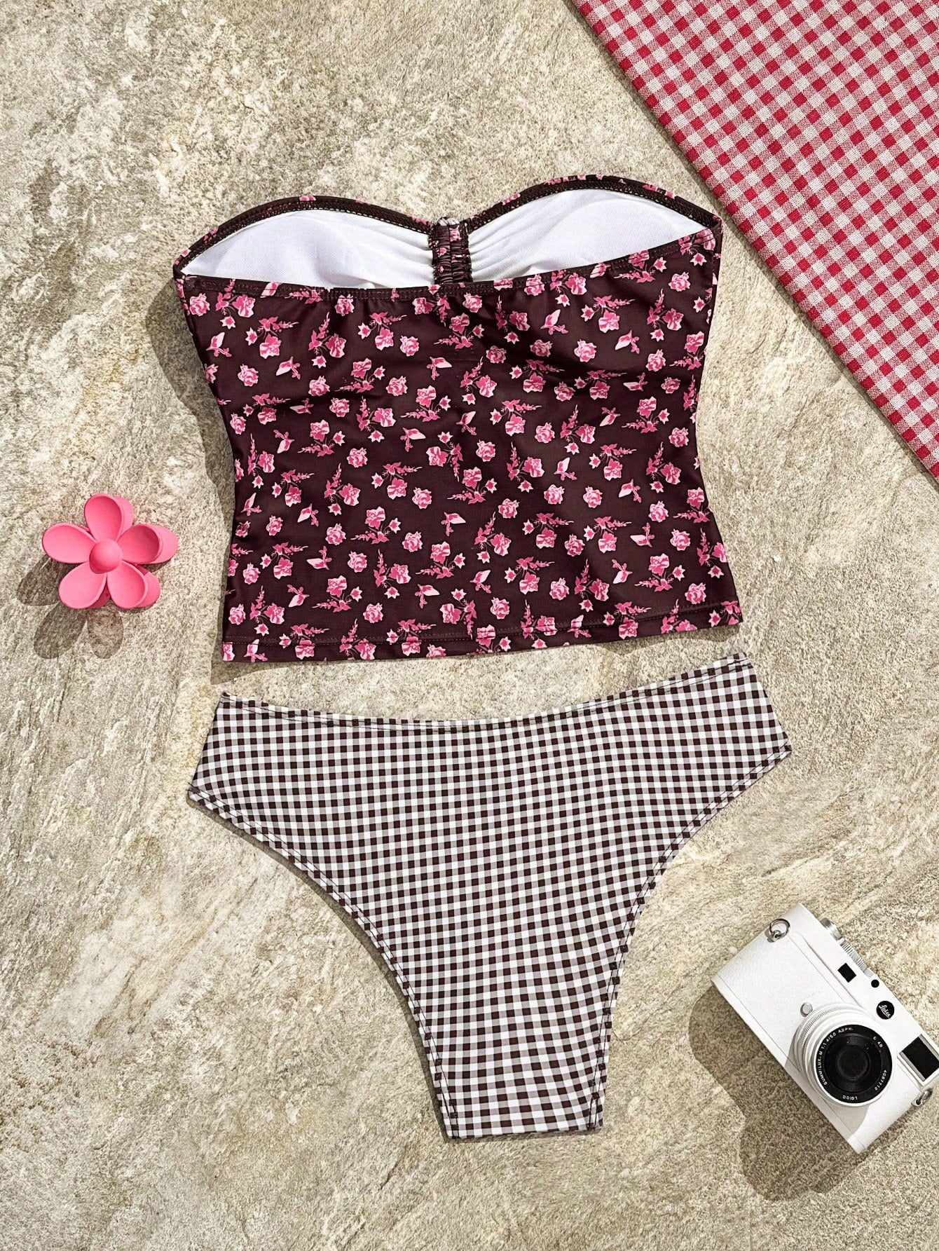Swim Vcay 2pcs/Set Yellow Summer Boho Holiday Pool Party New Floral Bikini Set,Sweet Cherry Plaid Bottom Swimwear,Holiday Flower Hibiscus Bathing Suit