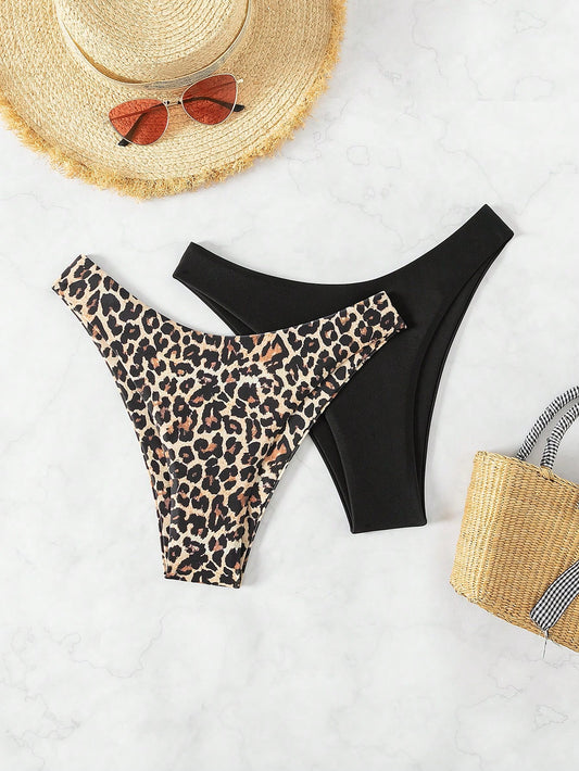 Swim Vcay 2pcs Women Plain & Leopard Print Bikini Bottoms Leopard Bikini Summer