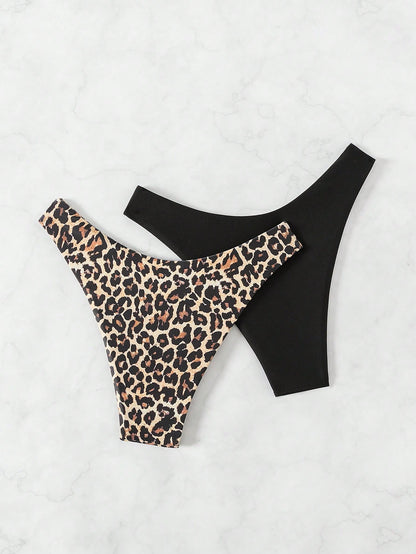 Swim Vcay 2pcs Women Plain & Leopard Print Bikini Bottoms Leopard Bikini Summer