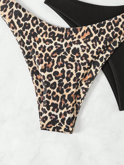 Swim Vcay 2pcs Women Plain & Leopard Print Bikini Bottoms Leopard Bikini Summer