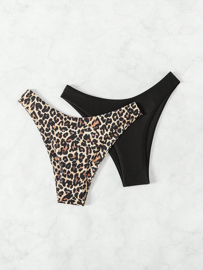 Swim Vcay 2pcs Women Plain & Leopard Print Bikini Bottoms Leopard Bikini Summer