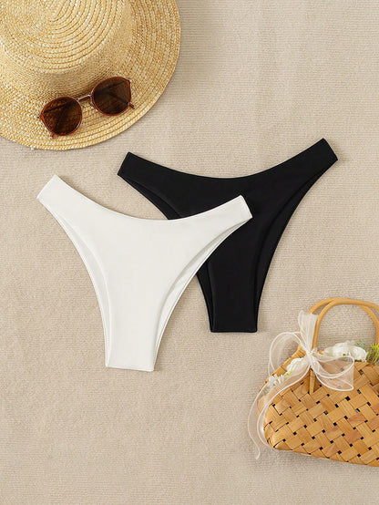 Swim Vcay 2pcs Women Plain & Leopard Print Bikini Bottoms Leopard Bikini Summer
