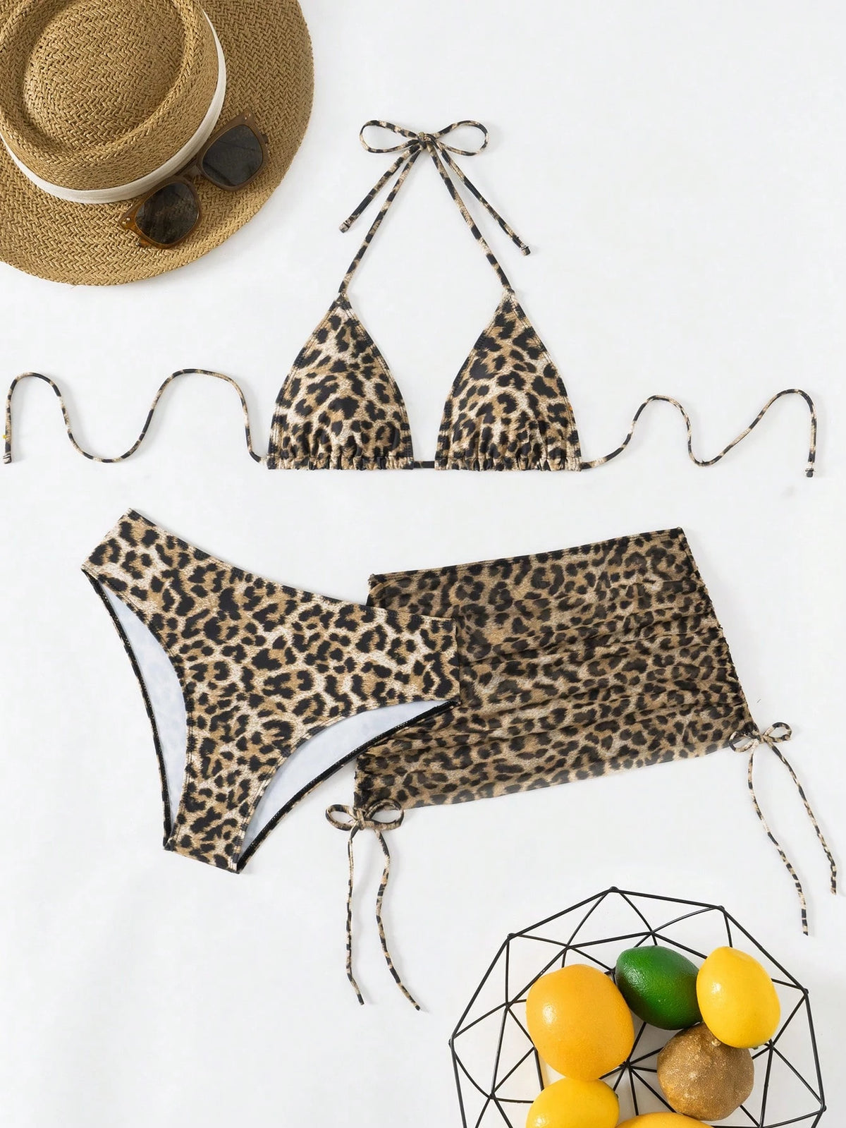 Swim Vcay 3pcs/Set Women Leopard Print Halter Triangular Cup Mesh Skirt Side Tie Bikini Swimwear Summer