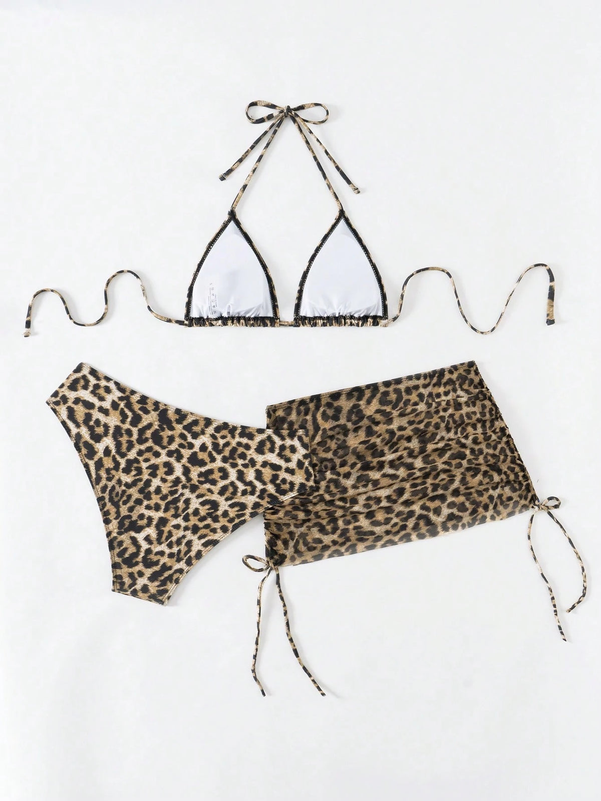 Swim Vcay 3pcs/Set Women Leopard Print Halter Triangular Cup Mesh Skirt Side Tie Bikini Swimwear Summer