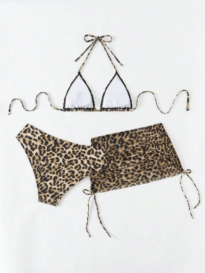 Swim Vcay 3pcs/Set Women Leopard Print Halter Triangular Cup Mesh Skirt Side Tie Bikini Swimwear Summer
