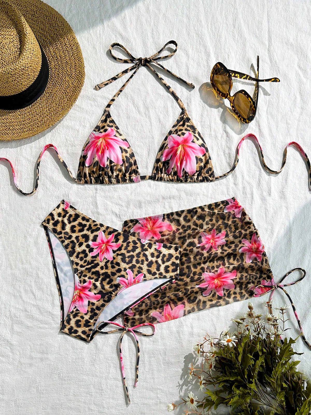 Swim Vcay 3pcs/Set Women Leopard Print Halter Triangular Cup Mesh Skirt Side Tie Bikini Swimwear Summer