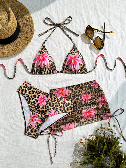 Swim Vcay 3pcs/Set Women Leopard Print Halter Triangular Cup Mesh Skirt Side Tie Bikini Swimwear Summer