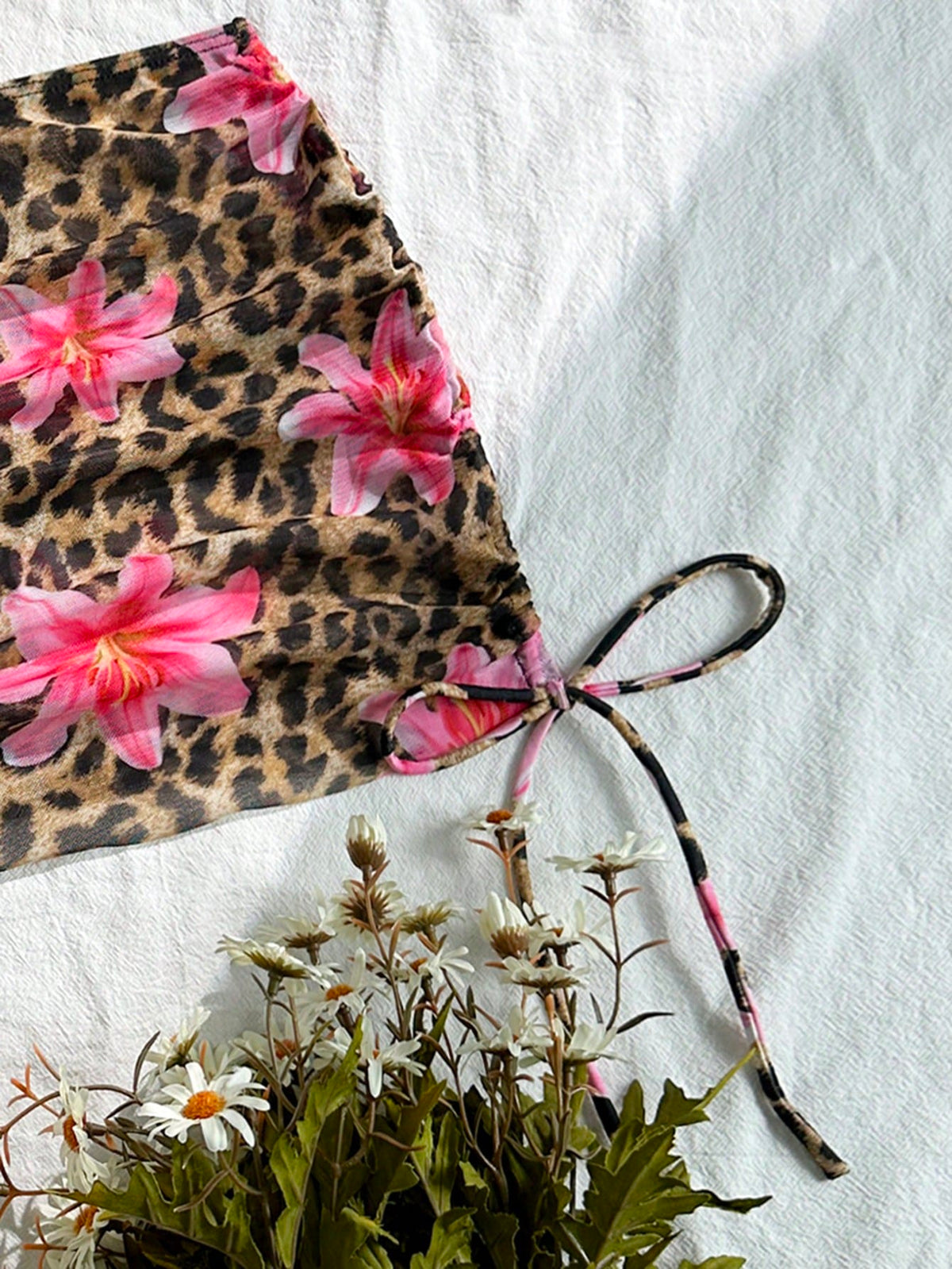Swim Vcay 3pcs/Set Women Leopard Print Halter Triangular Cup Mesh Skirt Side Tie Bikini Swimwear Summer