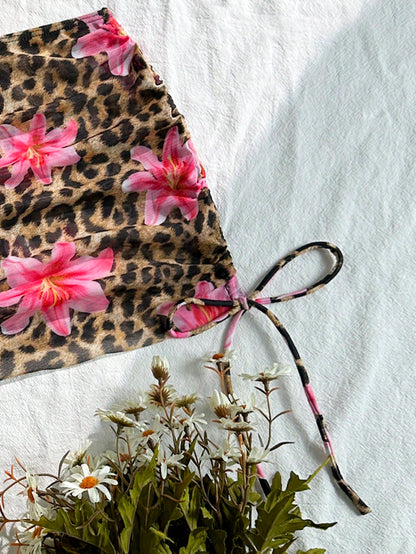 Swim Vcay 3pcs/Set Women Leopard Print Halter Triangular Cup Mesh Skirt Side Tie Bikini Swimwear Summer