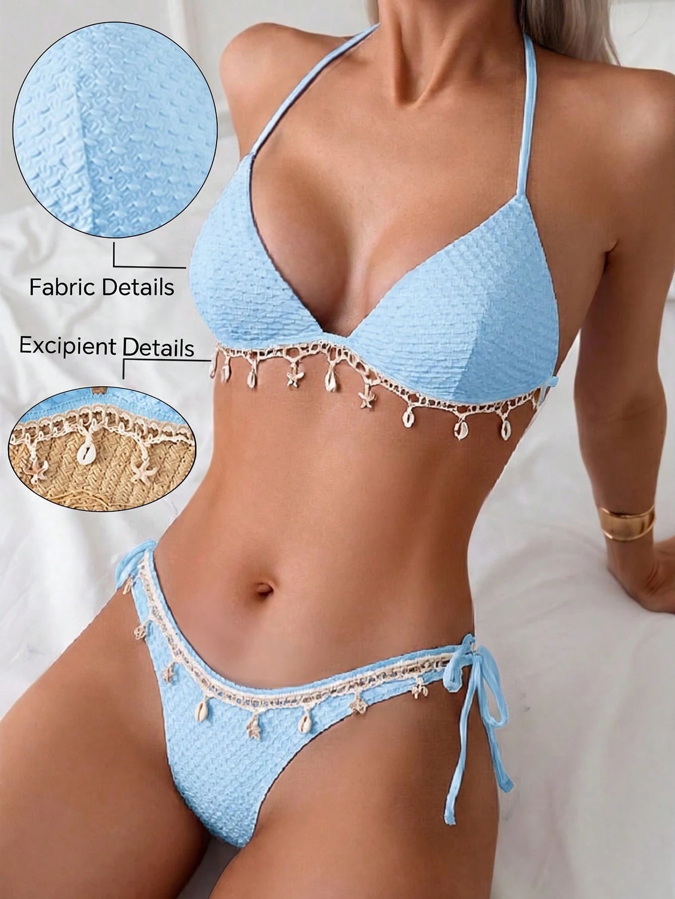 Swim Vcay Baby Blue Textured Halter Bikini Top & Tie-Side Triangle Bottom Set,Shell Strap Decor Summer Boho Beach Holiday Holiday Swimwear For Women