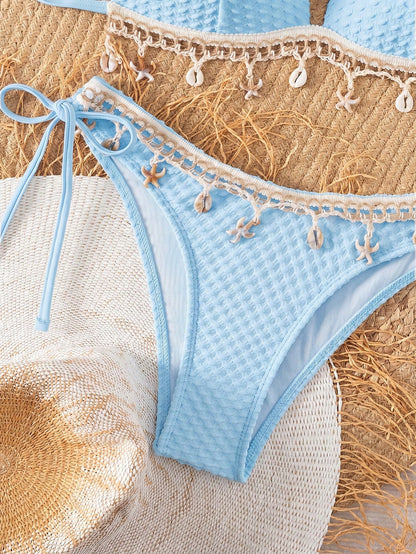 Swim Vcay Baby Blue Textured Halter Bikini Top & Tie-Side Triangle Bottom Set,Shell Strap Decor Summer Boho Beach Holiday Holiday Swimwear For Women