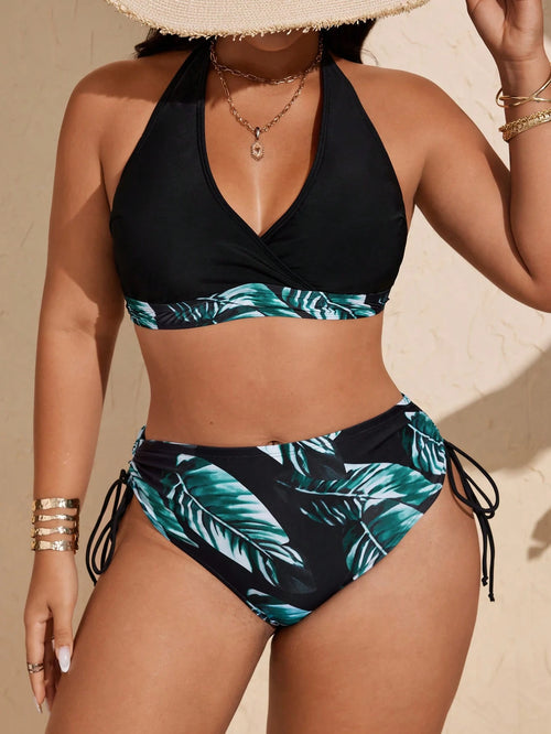 Swim Vcay Plus Size Black Halter Tie Strap Tropical Leaf Print Cross Chest Drawstring Bikini Set,Women's Summer Beach Vacation Holiday Bathing Suit