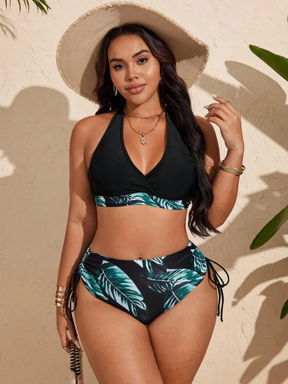 Swim Vcay Plus Size Black Halter Tie Strap Tropical Leaf Print Cross Chest Drawstring Bikini Set,Women's Summer Beach Vacation Holiday Bathing Suit