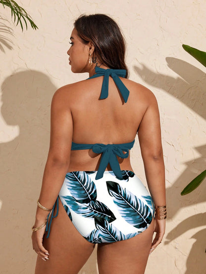 Swim Vcay Plus Size Black Halter Tie Strap Tropical Leaf Print Cross Chest Drawstring Bikini Set,Women's Summer Beach Vacation Holiday Bathing Suit