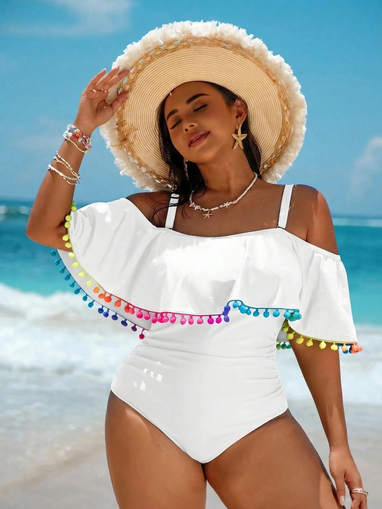 Swim Vcay Plus Size Colorful Tassel Romper