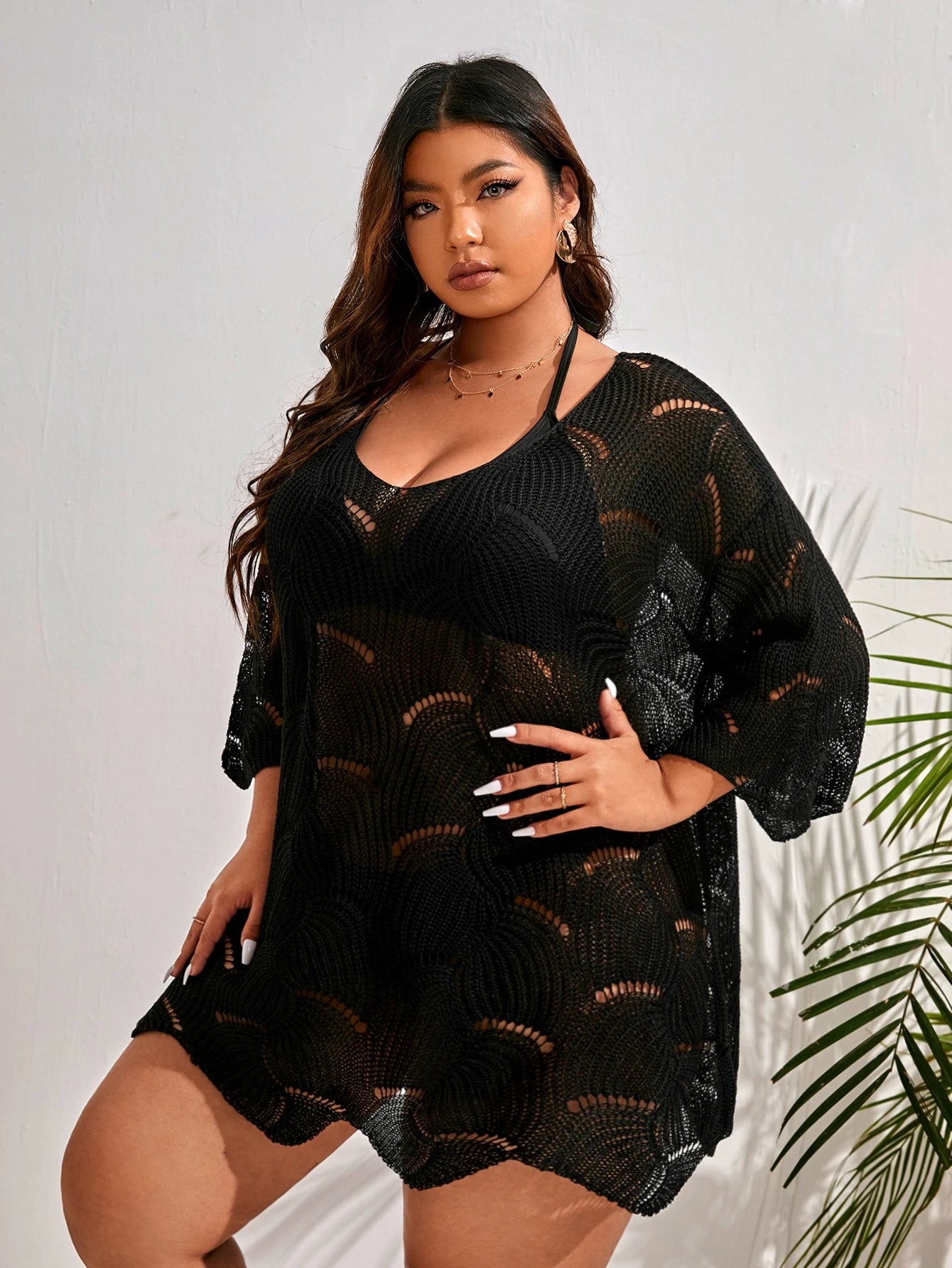 Swim Vcay Plus Size Plain Knitted Cover Up Summer