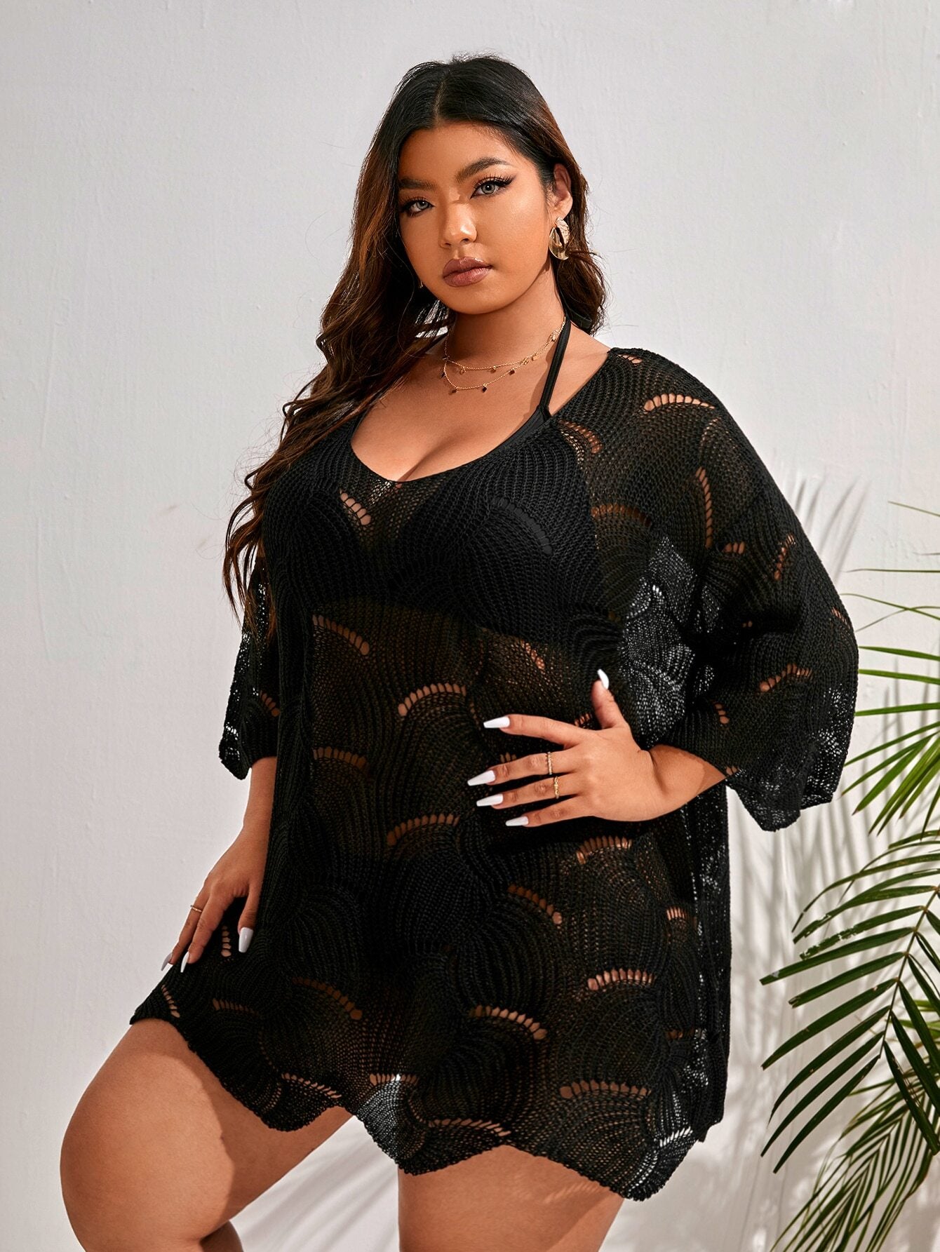 Swim Vcay Plus Size Plain Knitted Cover Up Summer
