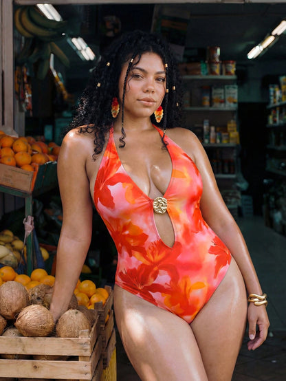 Swim Vcay Plus Size Women Floral Print Sexy Halter One-Piece Swimsuit