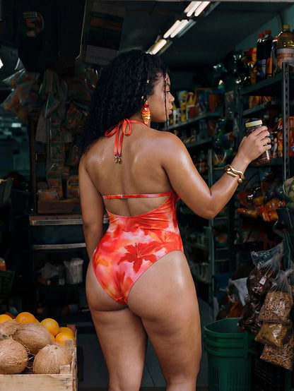 Swim Vcay Plus Size Women Floral Print Sexy Halter One-Piece Swimsuit