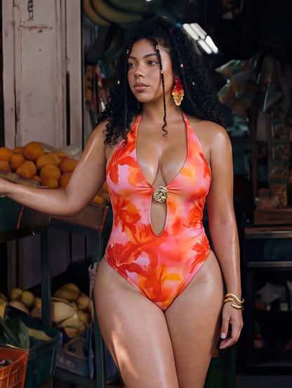 Swim Vcay Plus Size Women Floral Print Sexy Halter One-Piece Swimsuit
