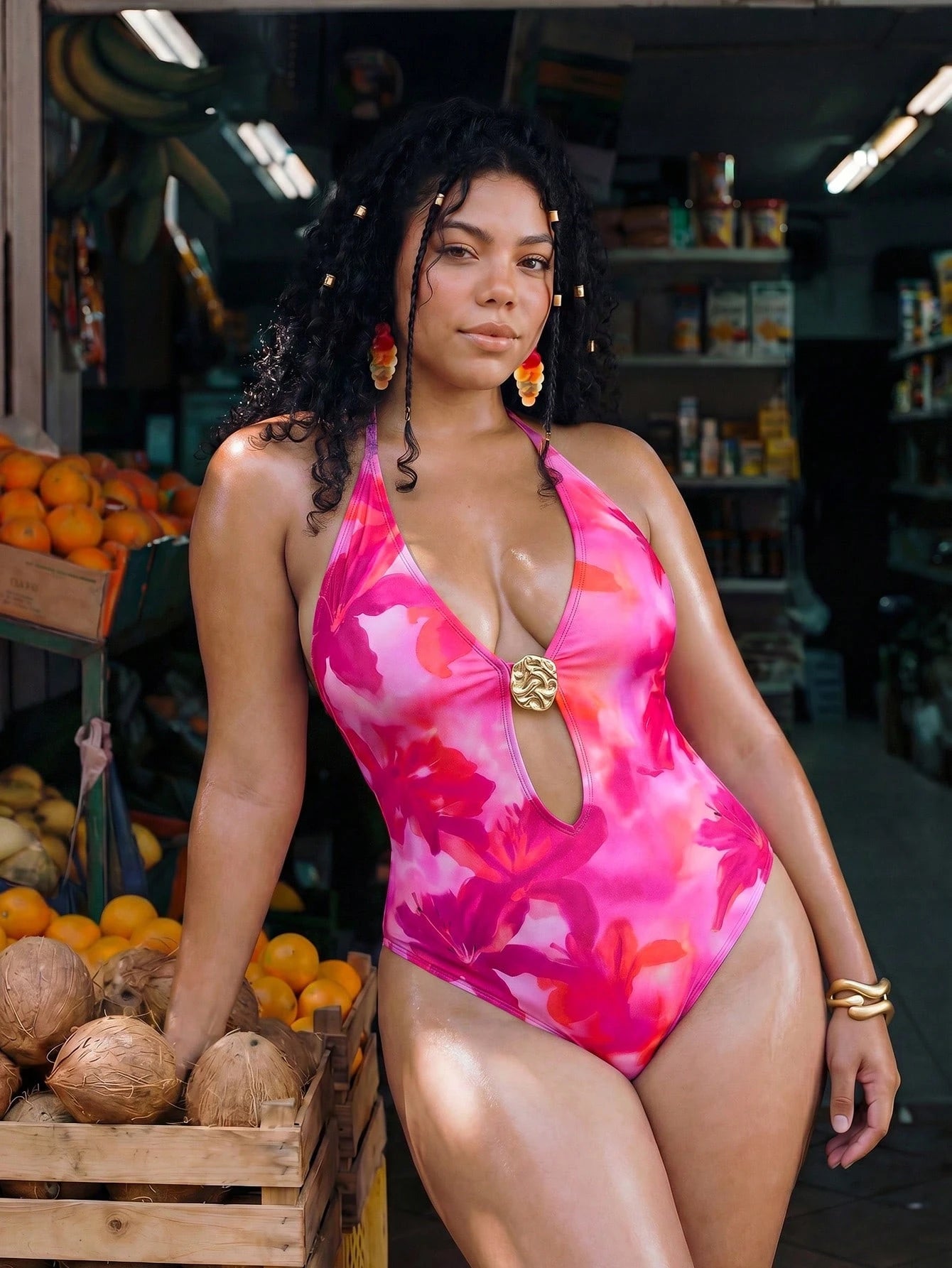 Swim Vcay Plus Size Women Floral Print Sexy Halter One-Piece Swimsuit