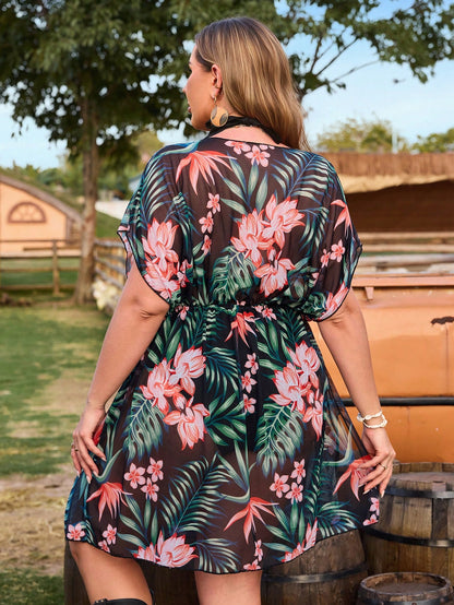 Swim Vcay Plus Size Women Plant Print Mesh Chiffon V-Neck Vacation Cover Up Top For Summer