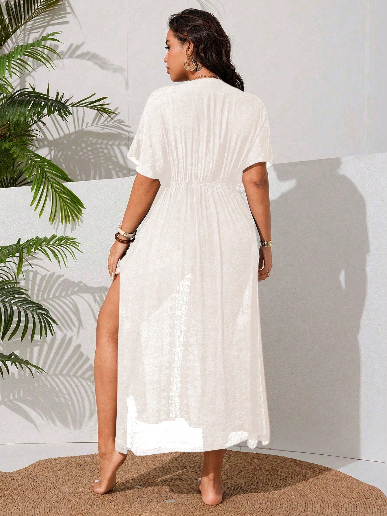 Swim Vcay Plus Size Women's Casual Vacation Beach Dress With Side Slit Floral Patchwork Design