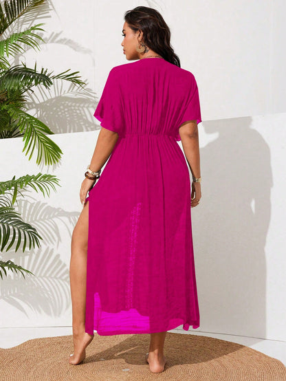 Swim Vcay Plus Size Women's Casual Vacation Beach Dress With Side Slit Floral Patchwork Design