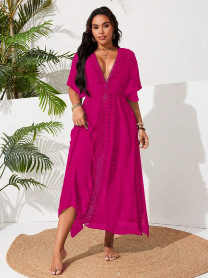 Swim Vcay Plus Size Women's Casual Vacation Beach Dress With Side Slit Floral Patchwork Design