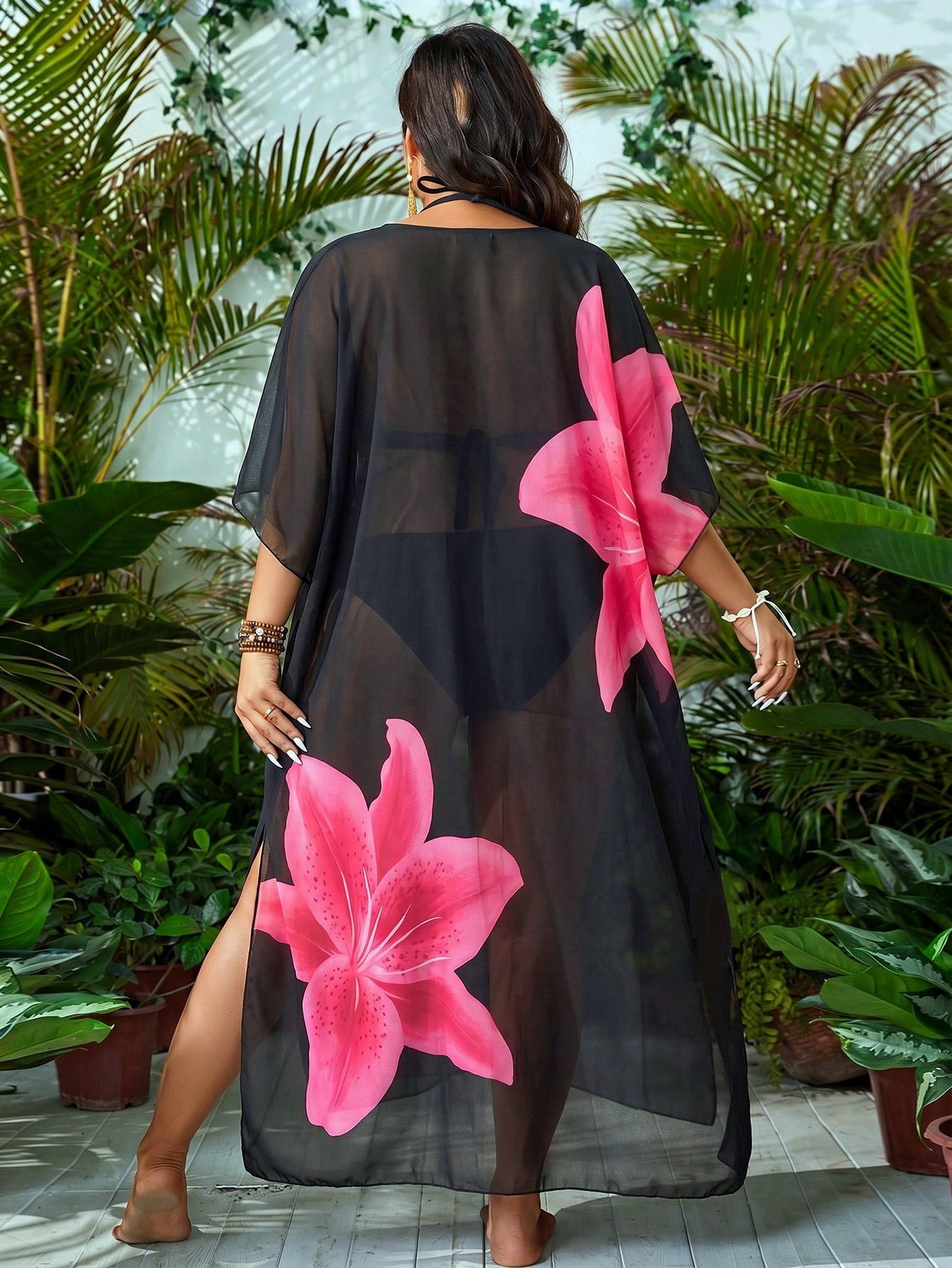 Swim Vcay Plus Size Women's Floral Print V-Neck Batwing Sleeve Loose Cover-Up Dress