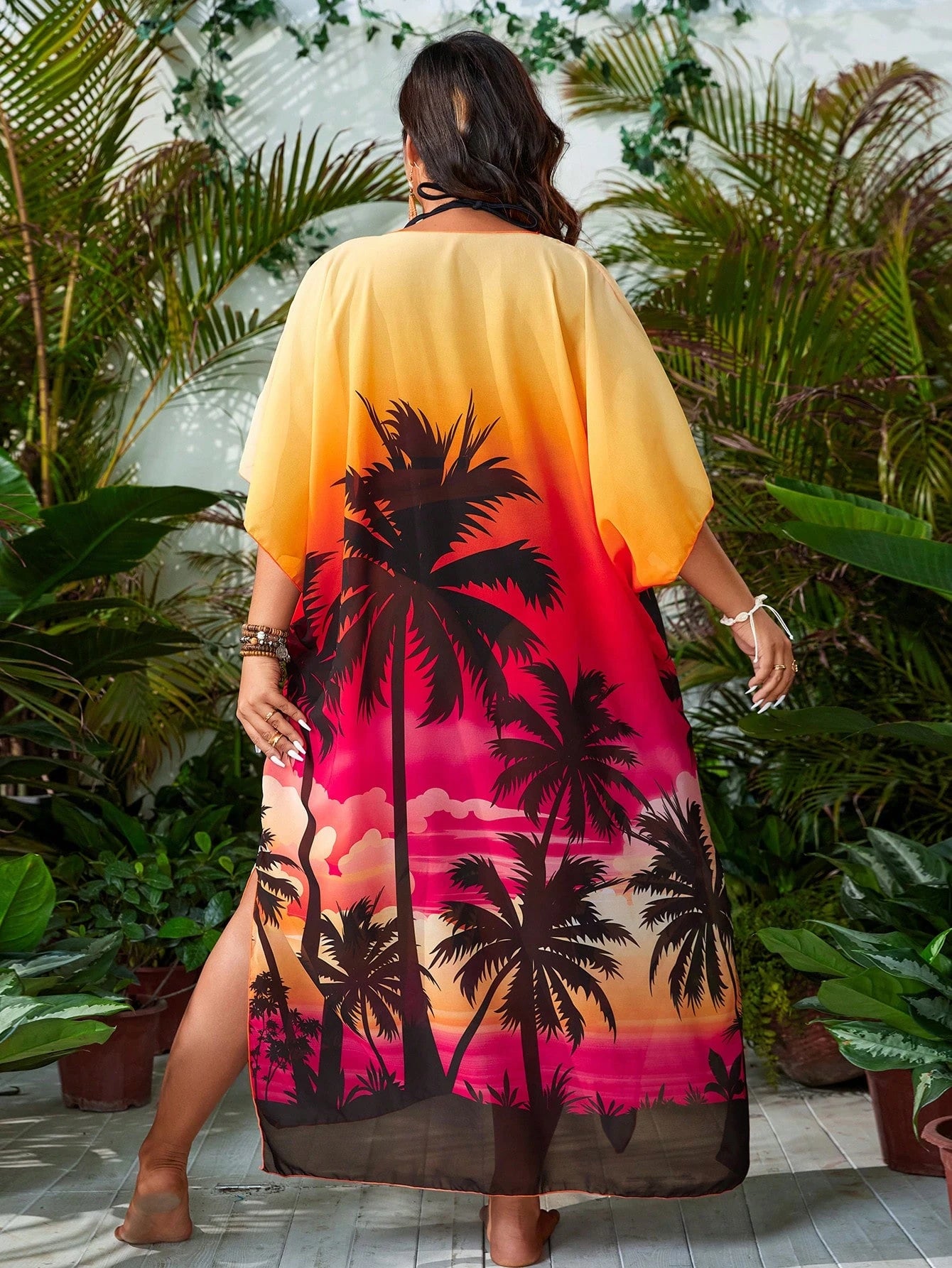 Swim Vcay Plus Size Women's Floral Print V-Neck Batwing Sleeve Loose Cover-Up Dress