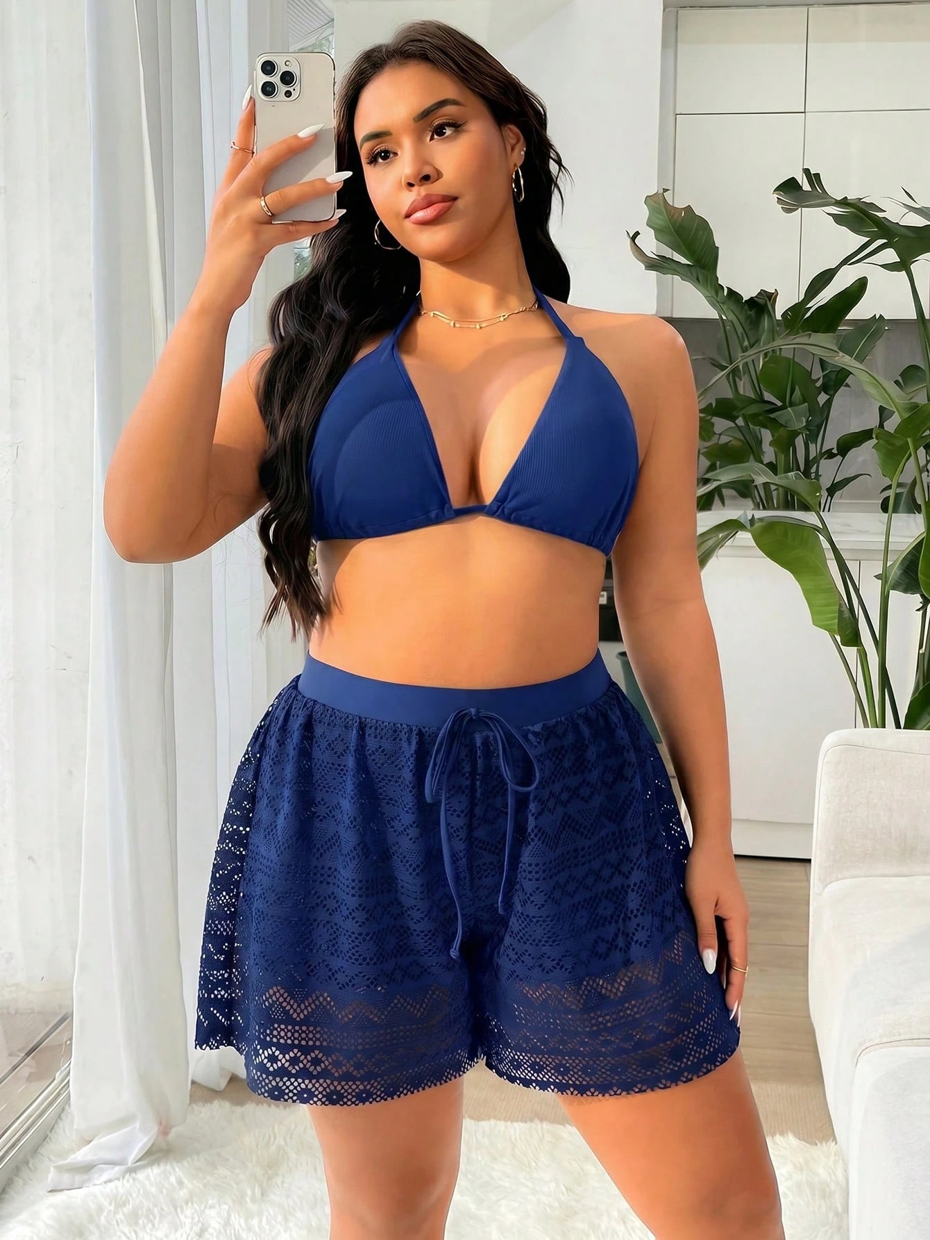 Swim Vcay Plus Size Women's Navy Blue High Elasticity Special Fabric Casual Loose 2 In 1 Beach Vacation Pants Summer