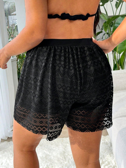 Swim Vcay Plus Size Women's Navy Blue High Elasticity Special Fabric Casual Loose 2 In 1 Beach Vacation Pants Summer