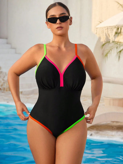 Swim Vcay Plus Size Women's One-Piece Black Stars Pattern Swimsuit For Summer Beach Vacation