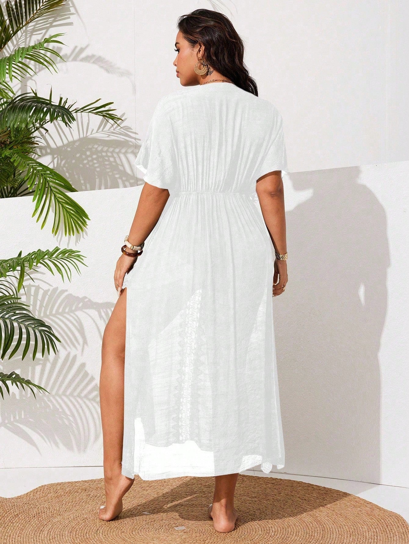 Swim Vcay Plus Size Women Single Design Side Split Lace Patchwork Sexy Casual Holiday Beach Dress For Summer Beach Vacation