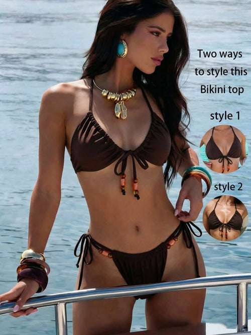 Swim Vcay Spring Summer All-Season Versatile New Women's Swimsuit Set, Knit Holiday Outfit For Party, Beach, New Year, Graduation Ceremony, Classic Color, Sexy Elegant Cute Bikini Set For Beach, Pool