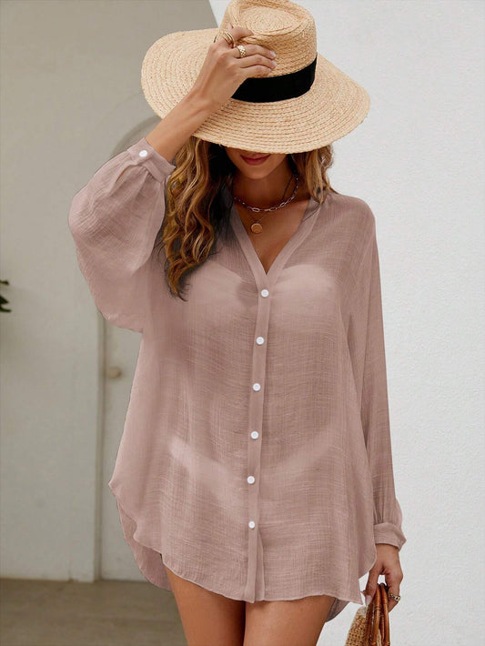 Swim Vcay Summer Beach 1pc Rolled Sleeve Button Up Kimono Carnival Casual Blousebutton Down Blousemocha Shirtwomen Blouses Long Sleevesummer Blouse