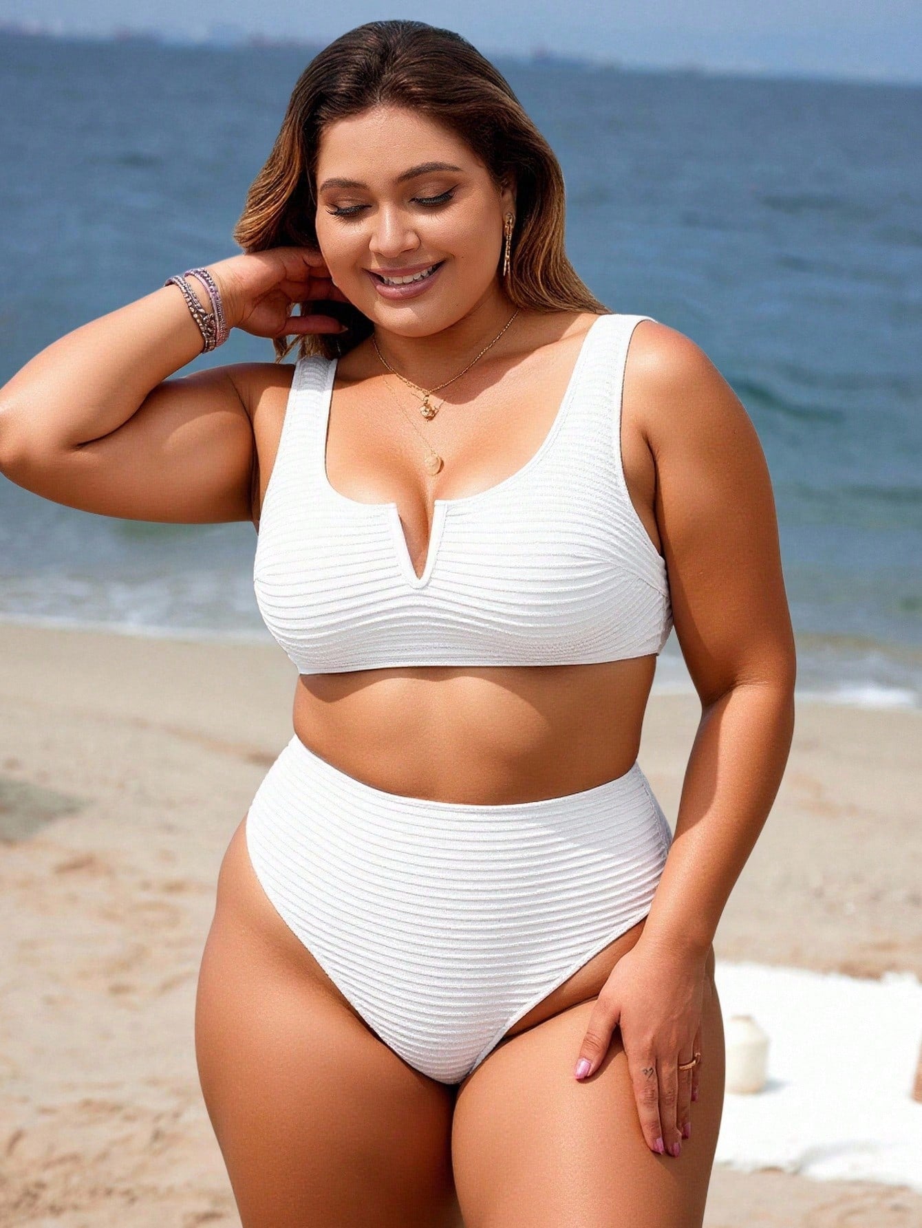 Swim Vcay Summer Beach Plus Size Plain Wireless Bra Bikini Set