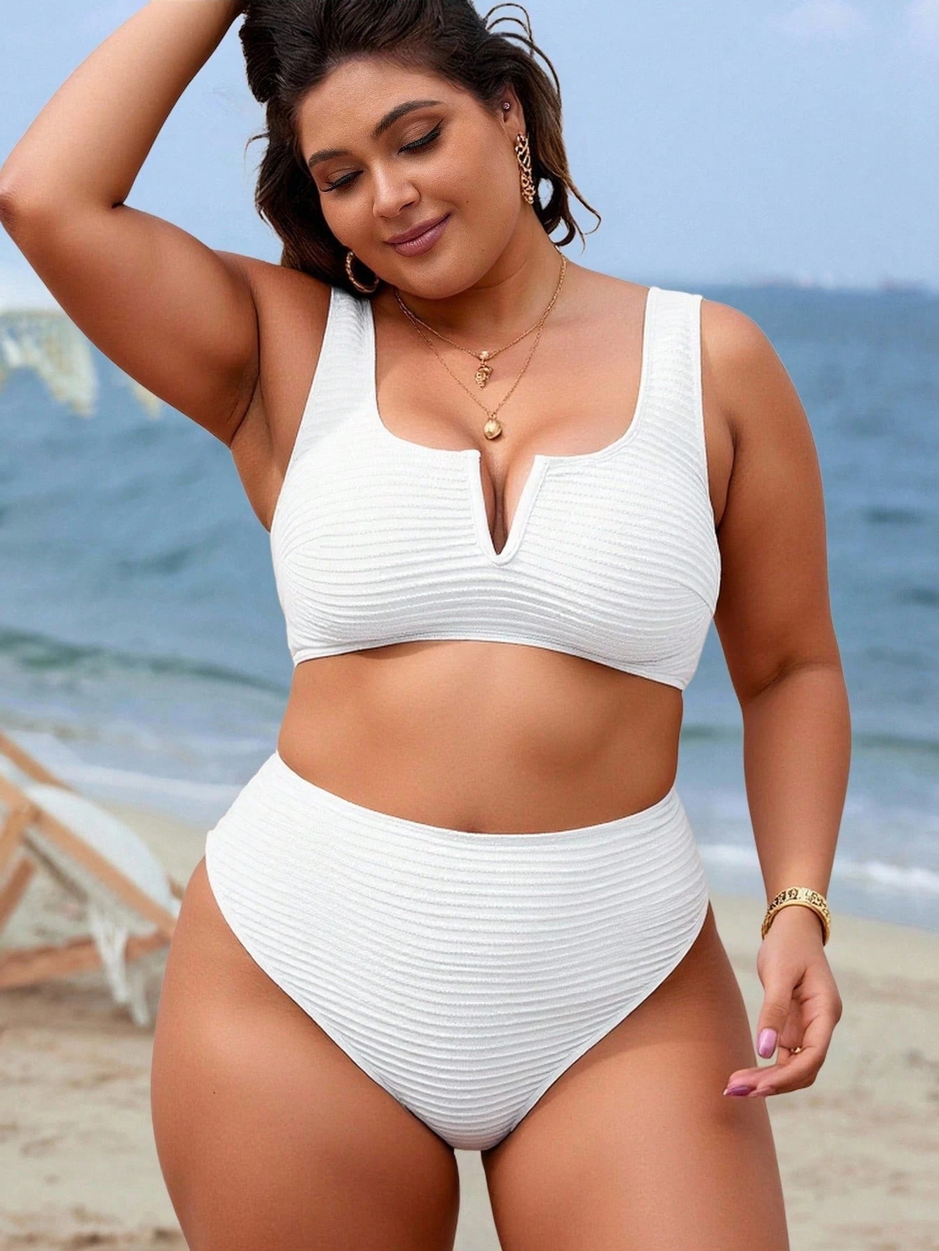 Swim Vcay Summer Beach Plus Size Plain Wireless Bra Bikini Set
