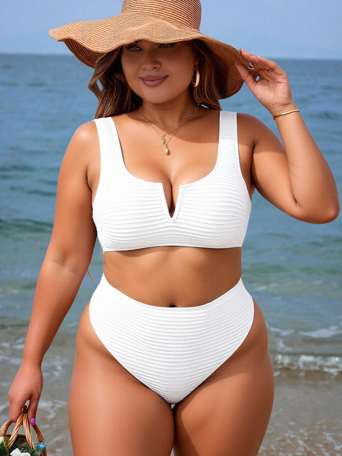 Swim Vcay Summer Beach Plus Size Plain Wireless Bra Bikini Set