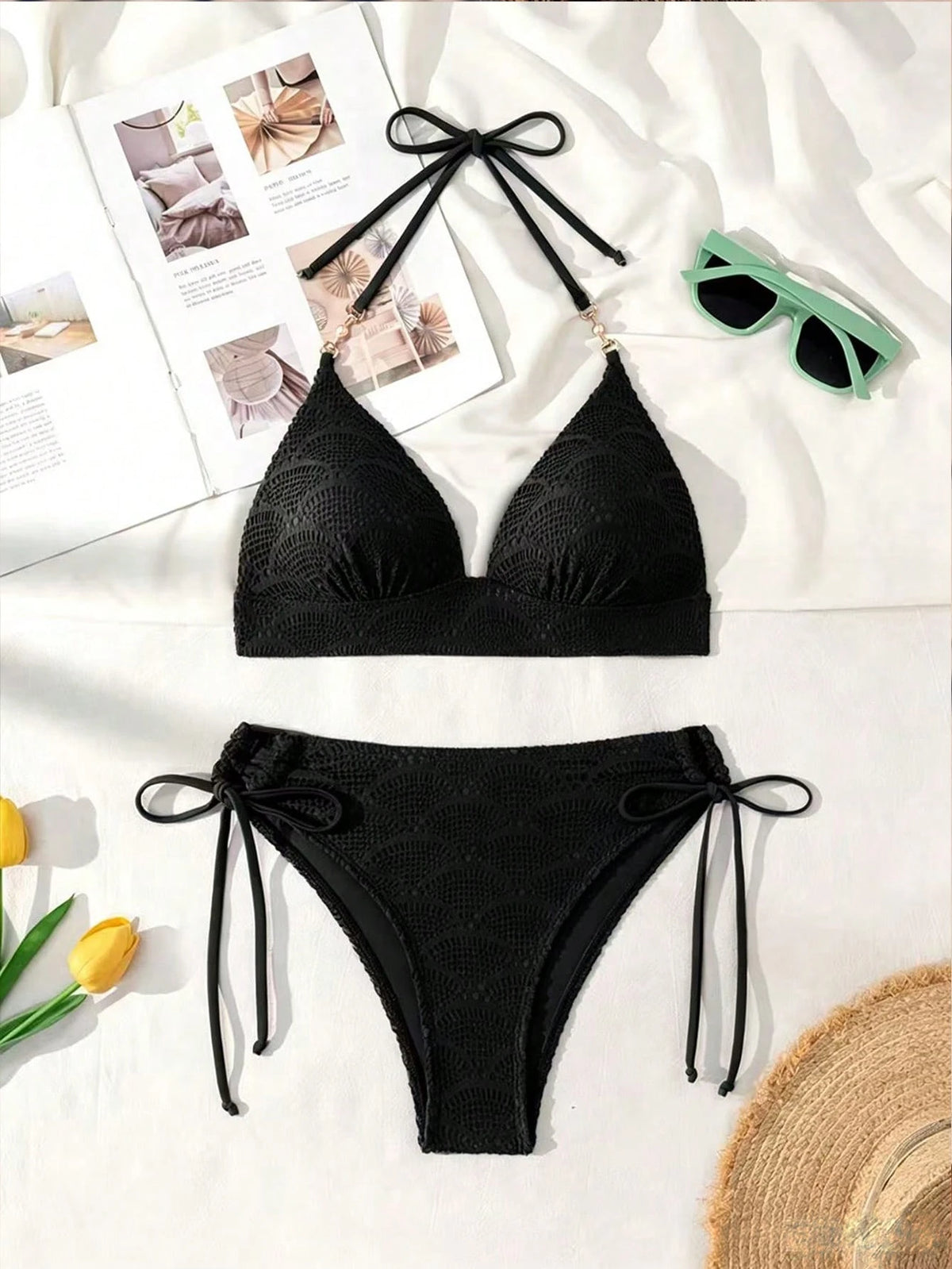Swim Vcay Women's Hollow-Out Halter Tie-Up Fashionable Swimsuit Set