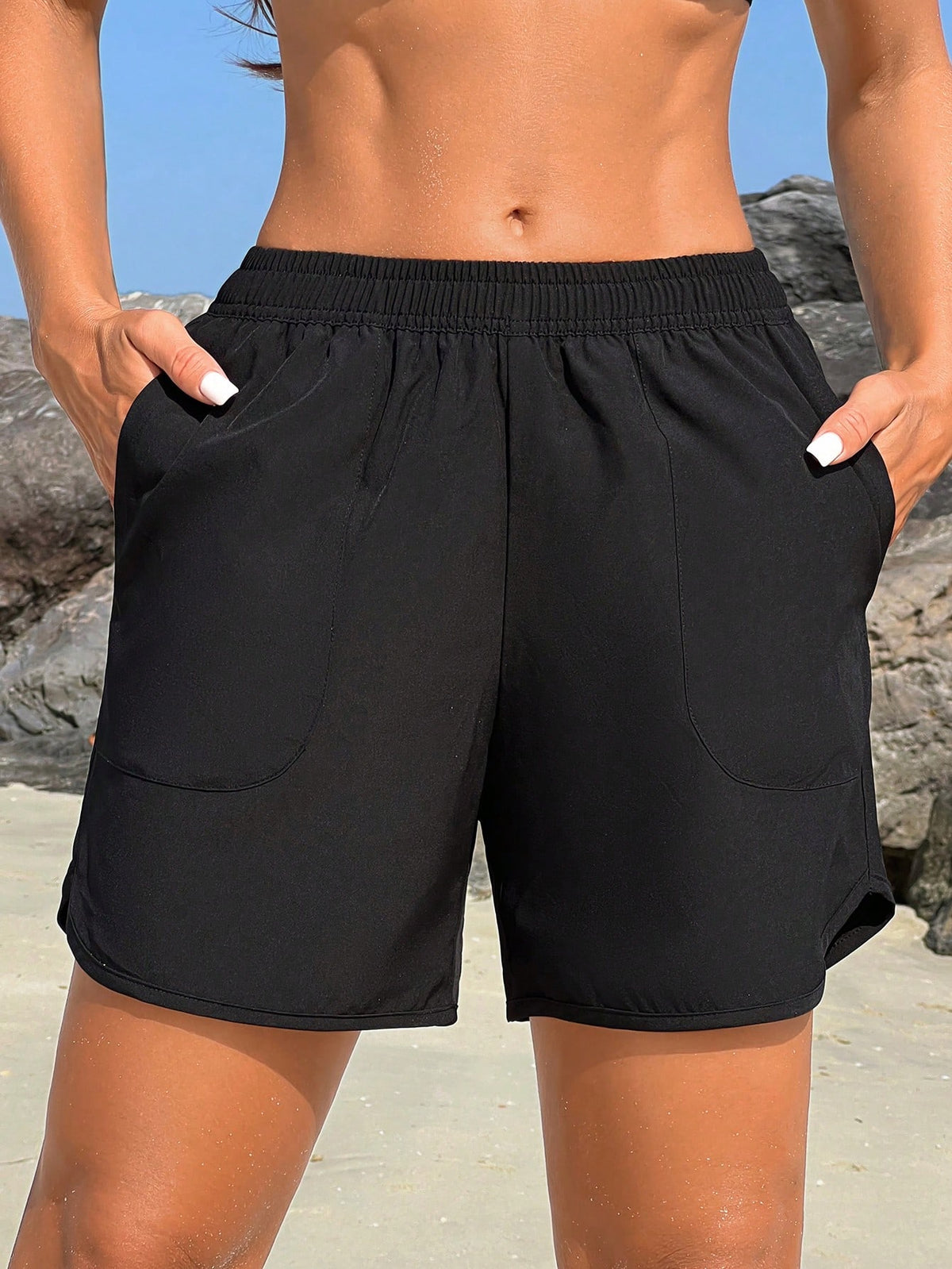Swim Vcay Women's Solid Color Elastic Waist Pocket Casual Beach Pants Summer