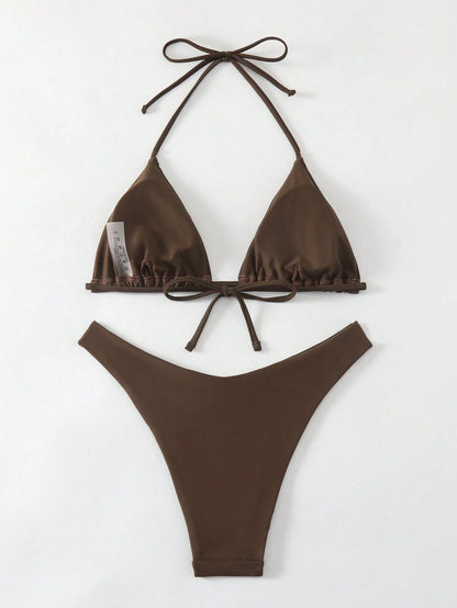 Swim Vcay Women's Solid Color Halter Neck Tie Two Pieces Bikini Set Bathing Suit For Summer Beach