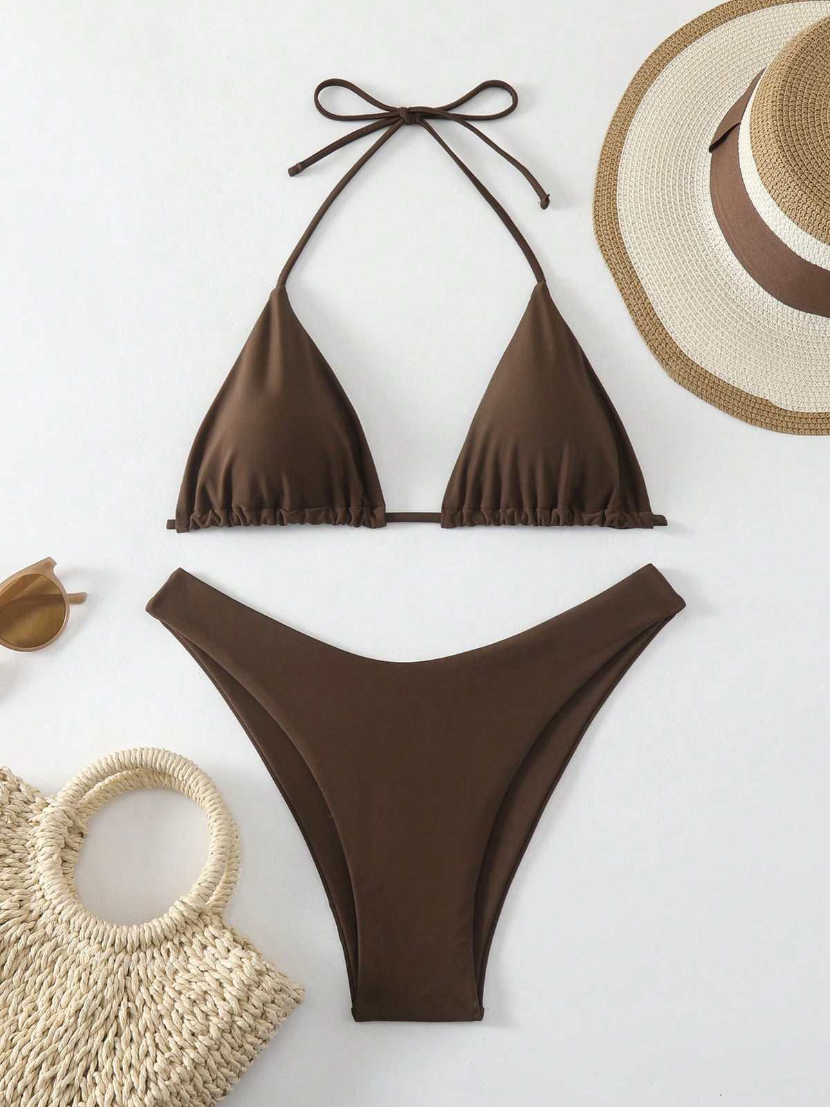 Swim Vcay Women's Solid Color Halter Neck Tie Two Pieces Bikini Set Bathing Suit For Summer Beach
