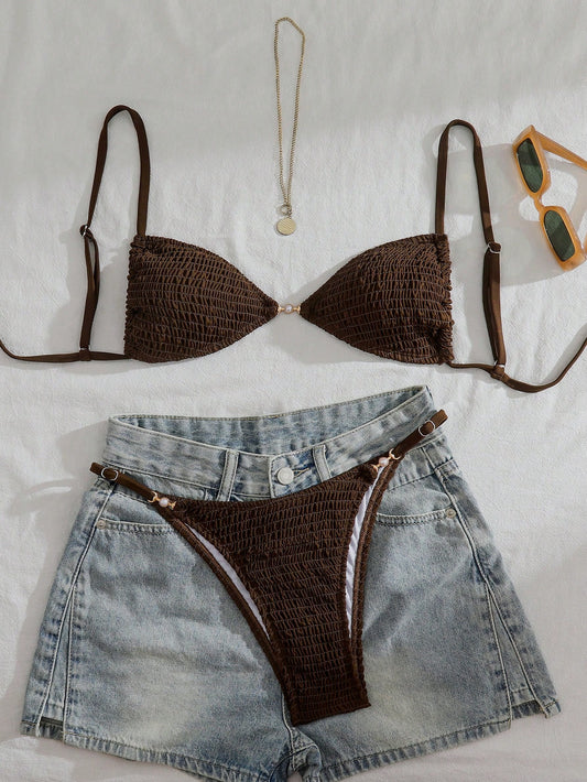 Swim Vcay Women's Solid Color Two Pieces Bikini Set, Casual Vacation Style,Summer Holiday Outfits, Brown Two Piece Set,Valentine's Day,Carnival