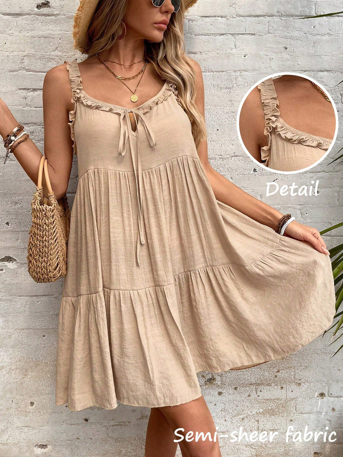 Swim Vcay Women's Summer Beach Khaki Boho Sleeveless Frill Trim Tie-Up Coverup Dress,Elegant Casual Holiday Vacation Country-Style Party Music Festival Outfits